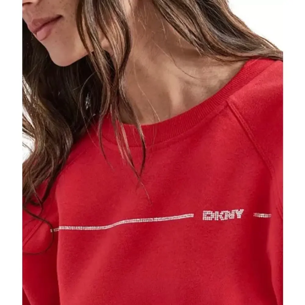 DKNY Women's Rhinestone Logo Fleece Sweatshirt NWT RED SIZE XS - Picture 3 of 10